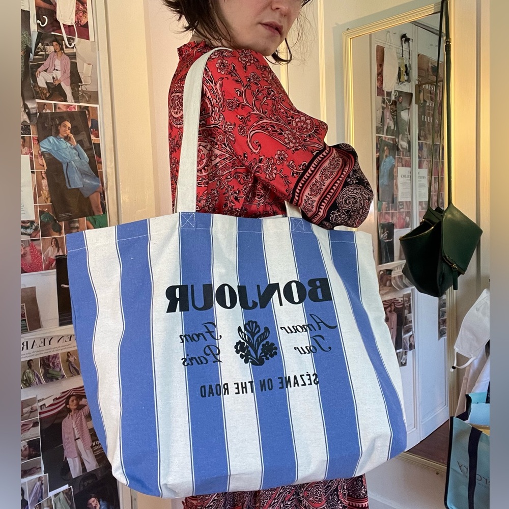 Sézane Bonjour Blue and White Canvas Tote